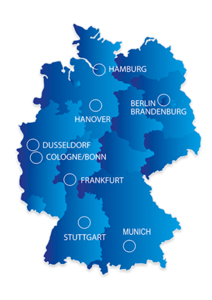 Map of Germany with the airports of Frankfurt am Main, Munich, Cologne/Bonn, Düsseldorf, Berlin Brandenburg, Stuttgart, Hanover and Hamburg.