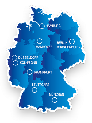 Deutschlandkarte mit den Standorten Berlin Brandenburg, Düsseldorf, Frankfurt, Hamburg, Hannover, Köln/Bonn, München und Stuttgart