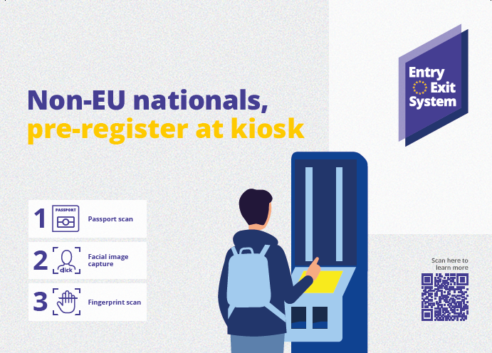 Plakat in englischer Sprache, das Nicht-EU-Bürger zur Nutzung des Self-Service-Systems auffordert.